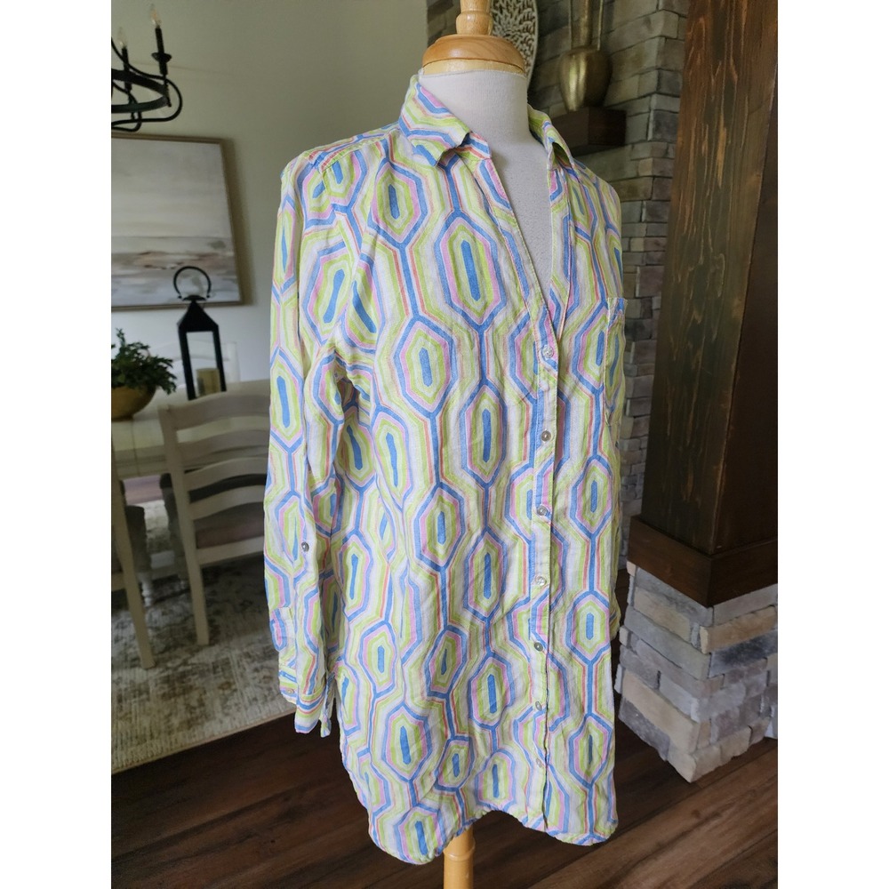 SIGRID OLSEN Top L 100% Linen Tunic Shirt Geometric Roll Tab Sleeve Green Blue